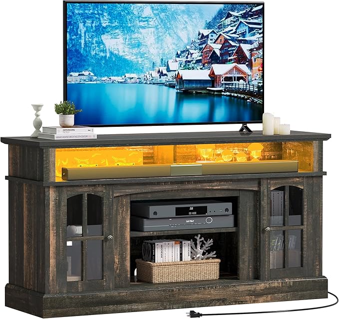 YITAHOME LED Farmhouse TV Stand for TV up to 65" w/Outlets, Highboy Media Entertainment Center Console Table Adjustable Storage Shelves &Cabinet Glass Door for 400lbs for Living Room, Dark Rustic Oak - LeafyLoom