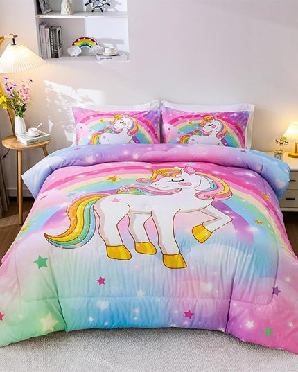 Aimuan Girls Unicorn Comforter Set 3 Pieces Pink Purple Bedding Set with Rainbow Star Galaxy Stars Fantasy Children Room Decor Soft Reversible Bed Sets for Boys/Girls/Teens (Rainbow Twin3Pcs) - LeafyLoom