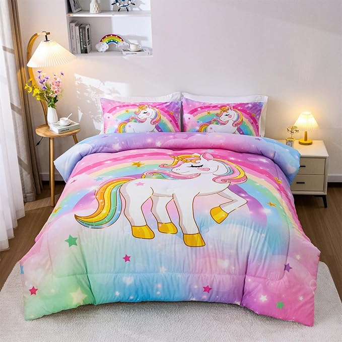 Aimuan Girls Unicorn Comforter Set 3 Pieces Pink Purple Bedding Set with Rainbow Star Galaxy Stars Fantasy Children Room Decor Soft Reversible Bed Sets for Boys/Girls/Teens (Rainbow Twin3Pcs) - LeafyLoom