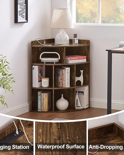 Vecelo Corner Cabinet with Charging Station, 3-Tier Cube Storage Organizer with USB Ports and Outlets, Triangle Bookcases with 8 Cubbies for Playroom, Bedroom, Living Room, Brown - LeafyLoom