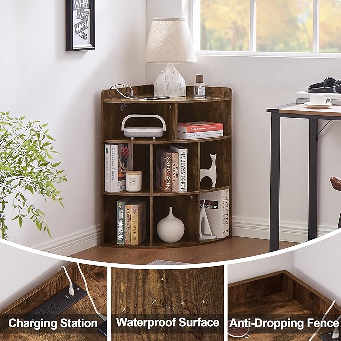 Vecelo Corner Cabinet with Charging Station, 3-Tier Cube Storage Organizer with USB Ports and Outlets, Triangle Bookcases with 8 Cubbies for Playroom, Bedroom, Living Room, Brown - LeafyLoom