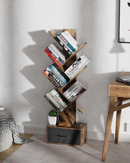 Egepon 6-tier Tree Bookshelf with Drawer Rustic Brown Book Shelf Storage Rack Floor Standing Bookcase for CDs Movies Books Multifunctional Organizer Shelves for Home Office Living Room Bedroom - LeafyLoom