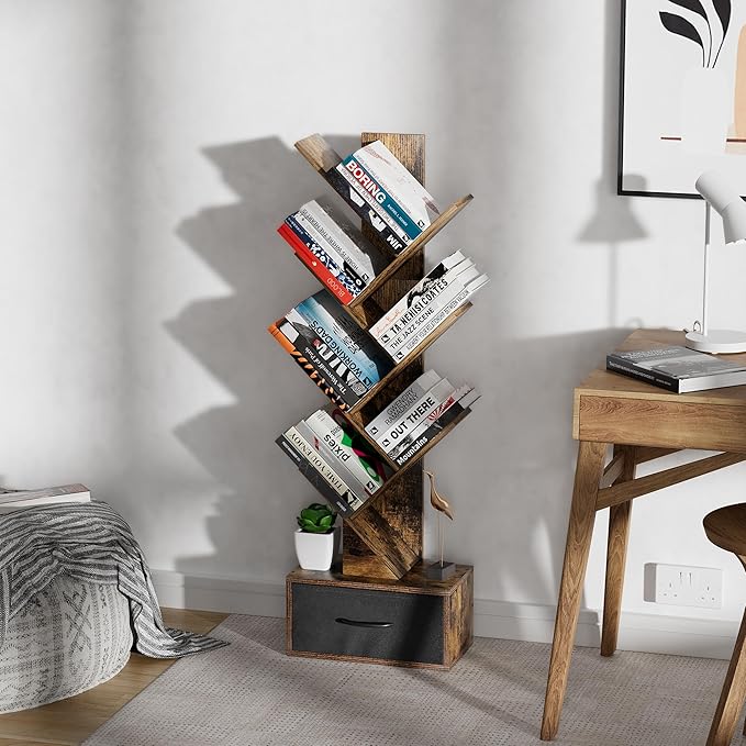 Egepon 6-tier Tree Bookshelf with Drawer Rustic Brown Book Shelf Storage Rack Floor Standing Bookcase for CDs Movies Books Multifunctional Organizer Shelves for Home Office Living Room Bedroom - LeafyLoom