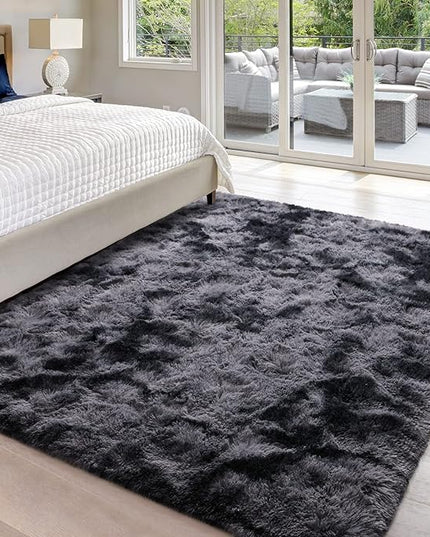 4x6 Large Area Rugs for Living Room, Super Soft Fluffy Modern Bedroom Rug, Tie-Dyed Dark Grey Indoor Shag Fuzzy Carpets for Girls Kids Nursery Room Home Decor - LeafyLoom