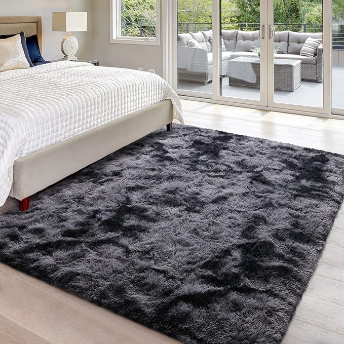 4x6 Large Area Rugs for Living Room, Super Soft Fluffy Modern Bedroom Rug, Tie-Dyed Dark Grey Indoor Shag Fuzzy Carpets for Girls Kids Nursery Room Home Decor - LeafyLoom