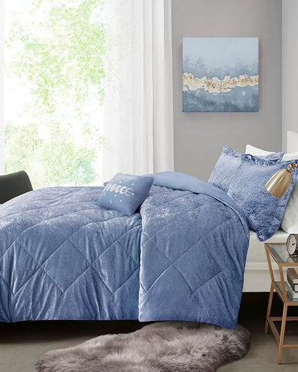 Intelligent Design King Duvet Cover Set, Velvet King Duvet Set, Luxury Diamond Quilting Blue Duvet Cover, Fluffy Duvet Cover with Decorative Pillow and 2 Shams, 4 Pieces, Blue, King/Cal King - LeafyLoom