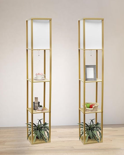 Simple Designs LF1014-TAN Etagere Organizer Storage Shelf Linen Shade Floor Lamp, Tan - LeafyLoom