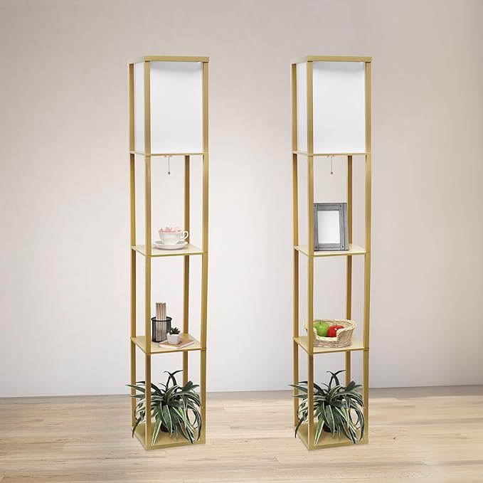 Simple Designs LF1014-TAN Etagere Organizer Storage Shelf Linen Shade Floor Lamp, Tan - LeafyLoom