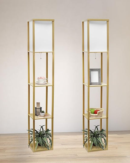 Simple Designs LF1014-TAN-2PK Three Shelf Etagere Organizer Storage Floor Lamp 2 Pack Set with White Linen Shade for Living Room, Bedroom, Office, Hallway, Tan - LeafyLoom