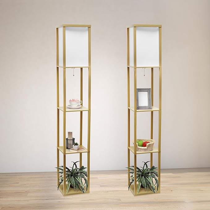 Simple Designs LF1014-TAN-2PK Three Shelf Etagere Organizer Storage Floor Lamp 2 Pack Set with White Linen Shade for Living Room, Bedroom, Office, Hallway, Tan - LeafyLoom