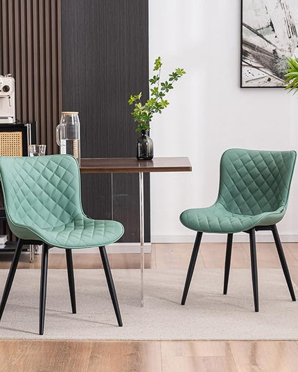 YOUTASTE Light Green Dining Chairs Set of 2 Mid Century Modern PU Leather Diamond Upholstered Accent Guest Dinner Chair with Back Metal Legs for Kitchen Living Reception Waiting Room - LeafyLoom