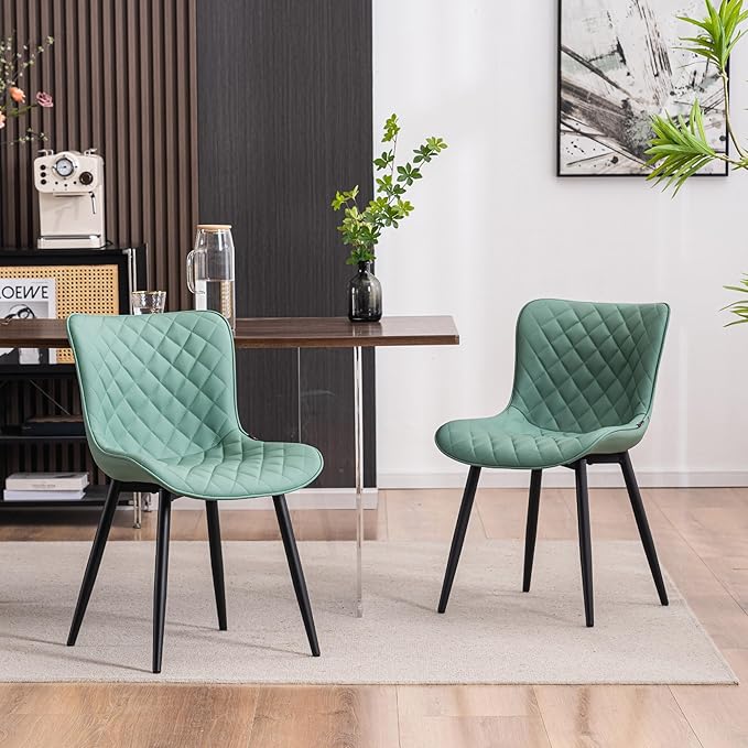 YOUTASTE Light Green Dining Chairs Set of 2 Mid Century Modern PU Leather Diamond Upholstered Accent Guest Dinner Chair with Back Metal Legs for Kitchen Living Reception Waiting Room - LeafyLoom