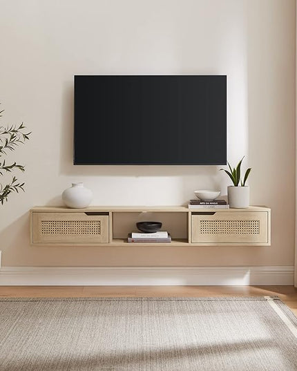 Walker Edison Modern Rattan Flip-Down-Door Wall-Mounted Floating Stand for TVs up to 65 Inche, 58 Inch, Coastal Oak - LeafyLoom