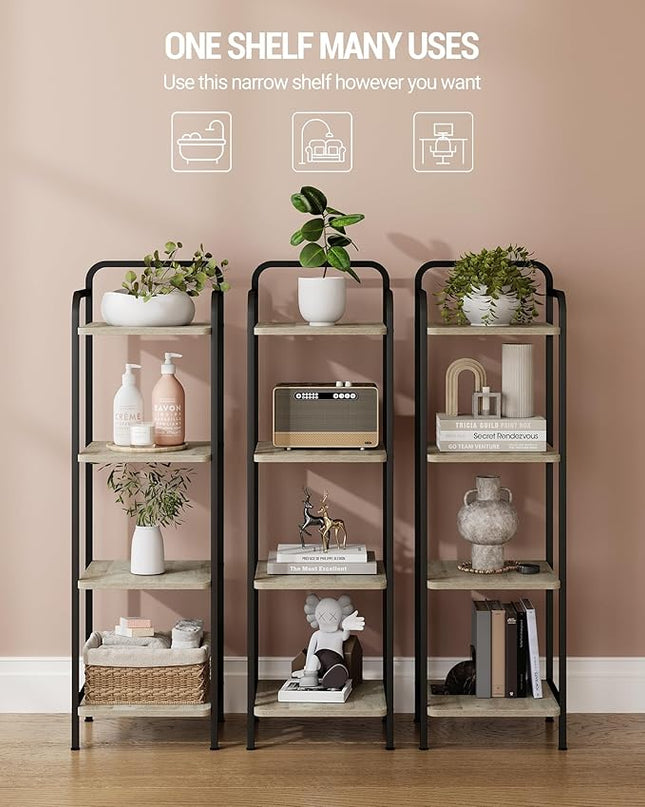 Bookcase Bookshelf, Narrow Book Shelf, Industrial Coner Shelf Storage Organizer, Slim Shelving Unit for Home Office, Living Room, Bedroom, Kitchen, 4-Tier Greige BC24405B - LeafyLoom