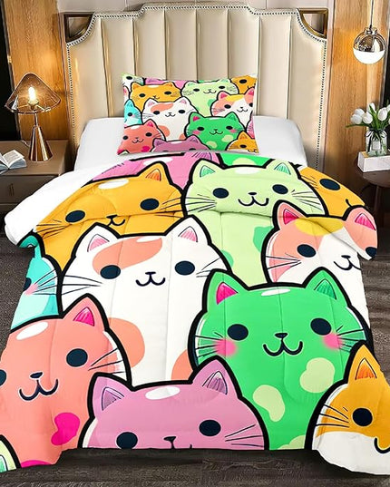 Cat Bedding Twin Size - Cat Comforter Set for Kids Girls Room Cartoon Cat Bedding Set Room Decor Teens Twin Comforter Sets for Girls, 1 Comforter+1 Pillowcase - LeafyLoom