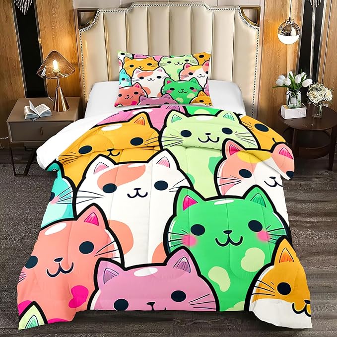 Cat Bedding Twin Size - Cat Comforter Set for Kids Girls Room Cartoon Cat Bedding Set Room Decor Teens Twin Comforter Sets for Girls, 1 Comforter+1 Pillowcase - LeafyLoom