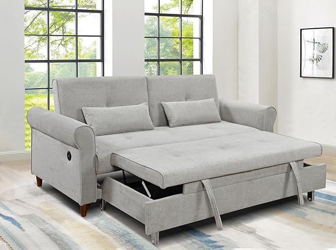 Queen Size Loveseat Sleeper Sofa,3 in 1 Soft Linen Upholstered Oversized Convertible Love Seat Sofabed cum Daybed W/Pull Out Sleep Couch Bed and USB Charging Ports for Living Space, 77.5", Grey - LeafyLoom