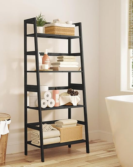 4-Tier Bamboo Bookshelf Ladder Shelf Book Shelf Bookcase Freestanding Storage Rack Plant Stand for Bedroom, Living Room, Bathroom, Small Space, Color Black - LeafyLoom