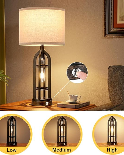 Table Lamp for Living Room - Lamps Set of 2 with USB C+A & Outlet, 3-Way Dimmable Farmhouse Lamps for Night Stands, Rustic Bedside Lamp for End Tables, Industrial Nightstand Lamps for Bedroom - LeafyLoom