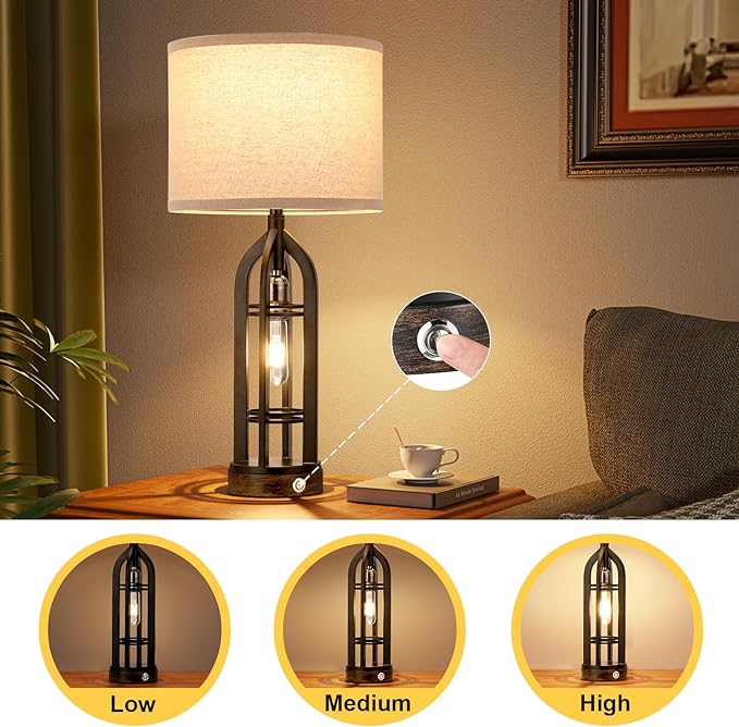 Table Lamp for Living Room - Lamps Set of 2 with USB C+A & Outlet, 3-Way Dimmable Farmhouse Lamps for Night Stands, Rustic Bedside Lamp for End Tables, Industrial Nightstand Lamps for Bedroom - LeafyLoom
