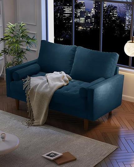 Velvet Furniture for Small Spaces, Mid-Century Modern Loveseats for Living Room, Love Seat Couch Sofas, 58 Inches, Prussian Blue - LeafyLoom