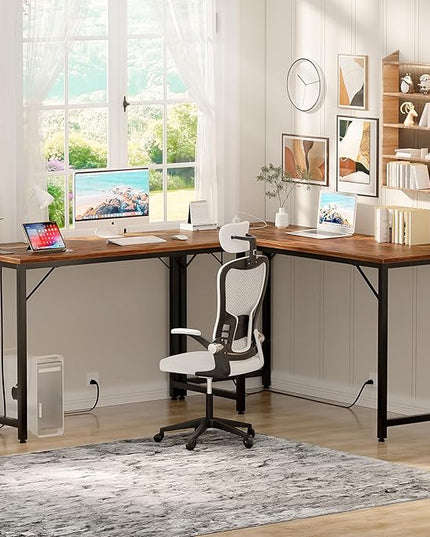 47 Inch Computer Desk with Magic Power Outlets, Modern Office Desk with USB Charging Ports, Sturdy Writing Table, Simple Laptop PC Gaming Desk for Bedroom Workstation, Rustic Brown, 2 Pack - LeafyLoom