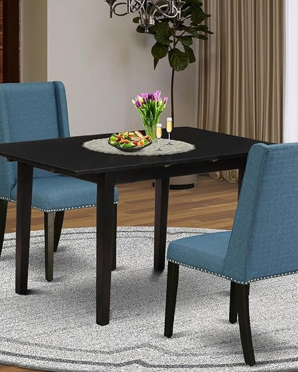 East West Furniture NOFL3-BLK-21 3 Piece Modern Dining Set Contains a Rectangle Wooden Table with Butterfly Leaf and 2 Blue Linen Fabric Upholstered Chairs, 32x54 Inch - LeafyLoom