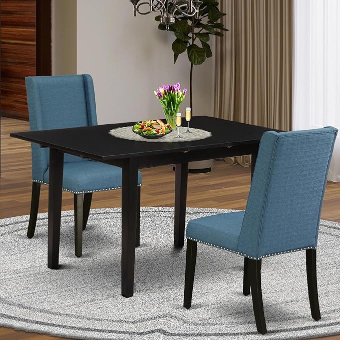 East West Furniture NOFL3-BLK-21 3 Piece Modern Dining Set Contains a Rectangle Wooden Table with Butterfly Leaf and 2 Blue Linen Fabric Upholstered Chairs, 32x54 Inch - LeafyLoom