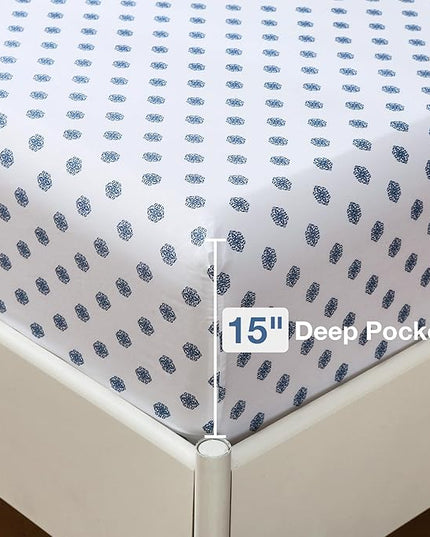 Printed Queen Bedding Sets with Comforter and Sheets, 7 Piece Bed in A Bag Comforter Set with Fluffy Microfiber, Vintage Navy Blue Plaid Paisley Pattern - LeafyLoom
