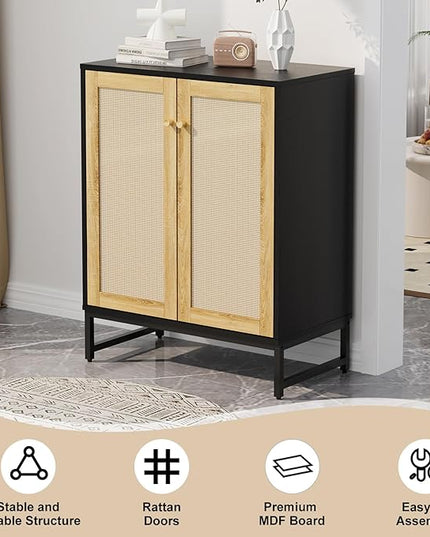 Sideboard Buffet Cabinet, Storage Cabinet with Double Rattan Doors, Modern Rattan Sideboard Cabinet, Kitchen Storage Cabinet with Metal Feet, for Entryway, Bedroom, Living Room (Black) - LeafyLoom