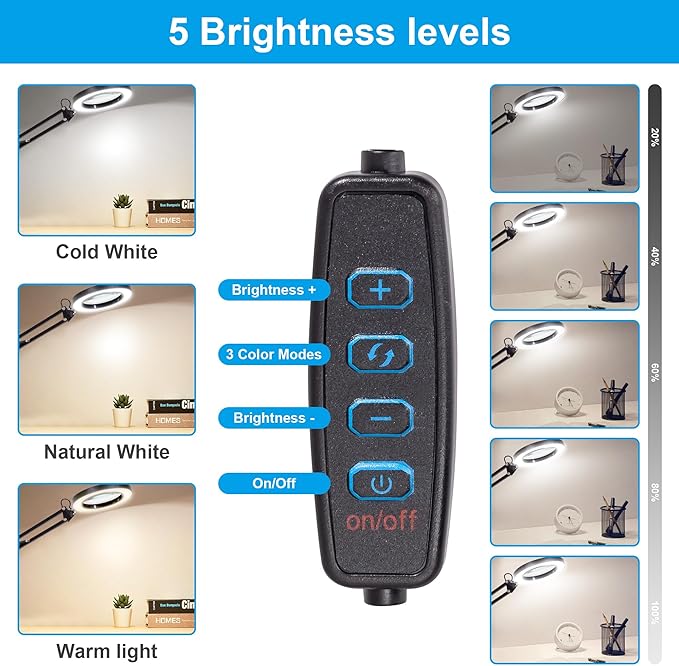 8X Magnifying Glass with Light, 3 Color Modes Stepless Dimmable 8-Diopter Real Glass Lens Magnifier with Light Desk Lamp Clamp Swivel Arm for Crafts Workbench - LeafyLoom