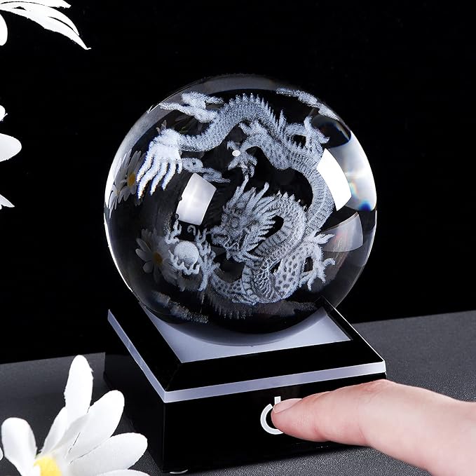 Qianwei Chinese Dragon Decor Gifts, Dragon Statue Figurines Stuff Decorations 3D Laser Etched Halloween Crystal Balls Feng Shui for Witchcraft Paper Weights Glass Decor - LeafyLoom