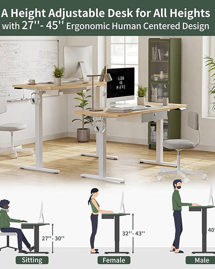 FEZIBO 55 x 24 Inches Standing Desk with Drawer, Adjustable Height Electric Stand up Desk with Storage, Sit Stand Home Office Desk, Ergonomic Computer Desk, Light Rustic - LeafyLoom