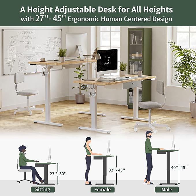 FEZIBO 55 x 24 Inches Standing Desk with Drawer, Adjustable Height Electric Stand up Desk with Storage, Sit Stand Home Office Desk, Ergonomic Computer Desk, Light Rustic - LeafyLoom
