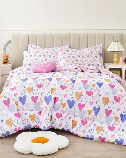 Mooreeke Full Size Comforter Sets for Girls Kids, 8 Pieces Bed in a Bag Pink Heart Bedding Comforter Sheet Set with Shams and Decorative Toy Pillow, Ultral Soft Microfiber Kids Bed Set - LeafyLoom