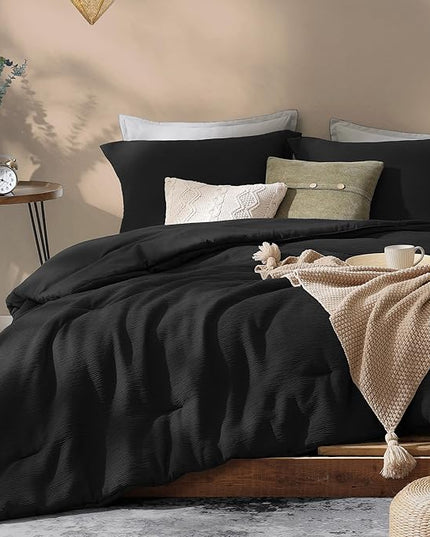 Black King Size Comforter set, Lightweight Comforter for Crinkle Design King Bedding Set, Bed Sets King 3 Piece with Minimalist Comforter & Shams (King, 102"x90") - LeafyLoom