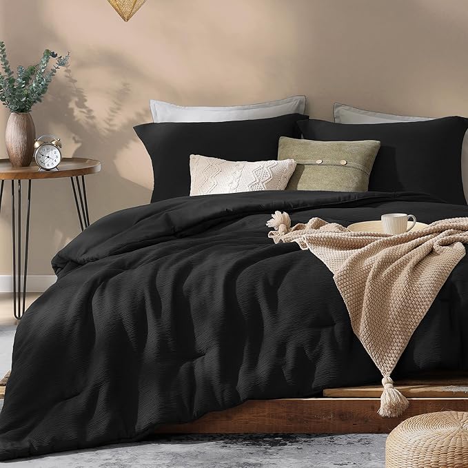 Black King Size Comforter set, Lightweight Comforter for Crinkle Design King Bedding Set, Bed Sets King 3 Piece with Minimalist Comforter & Shams (King, 102"x90") - LeafyLoom