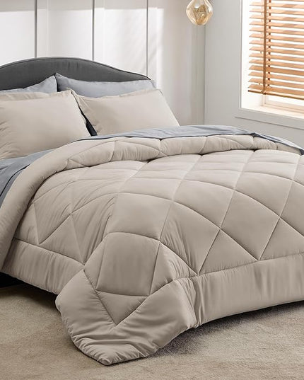 Bedsure Beige Comforter Set - 7 Pieces Reversible Bed in a Bag with Comforters, Sheets, Pillowcases & Shams, Bedding Sets - LeafyLoom