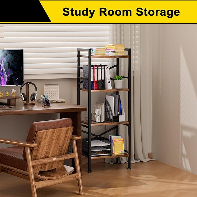 4 Tier Book Shelf, Small Bookshelf Storage Organizer, Tall Narrow Bookcase with Storage Shelves, Wooden Industrial Office Shelves for Bedroom, Living Room, Rustic Brown - LeafyLoom