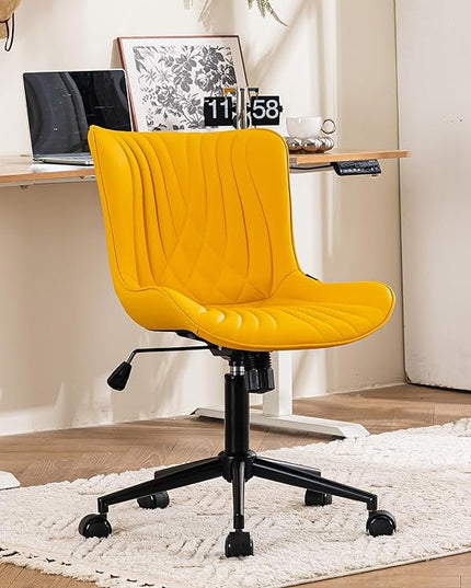 YOUTASTE Office Chair Modern Armless Desk Chair, Height Adjustable Swivel Rocking Computer Task Chair, Faux Leather Sewing Chairs with Wheels, Stylish Lounge Vanity Chair,Yellow - LeafyLoom