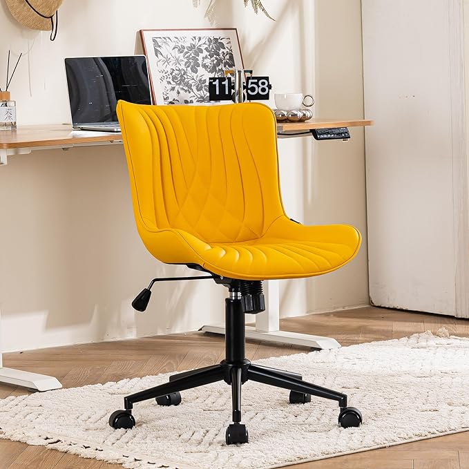 YOUTASTE Office Chair Modern Armless Desk Chair, Height Adjustable Swivel Rocking Computer Task Chair, Faux Leather Sewing Chairs with Wheels, Stylish Lounge Vanity Chair,Yellow - LeafyLoom