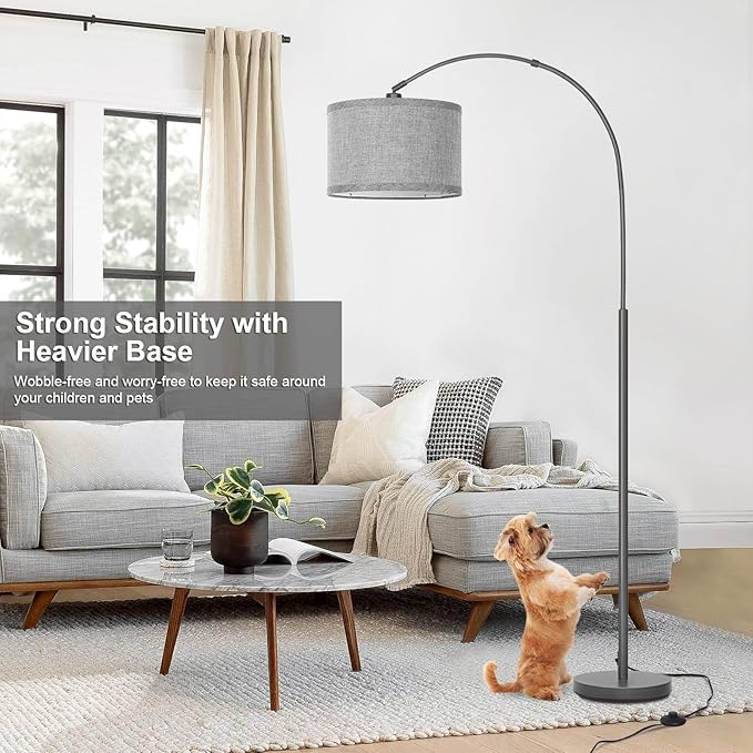 Arc Floor Lamp, Modern Floor Lamp for Living Room with Adjustable Lamp Head, Tall Pole Lamp with Gray Lampsahde and On/Off Pedal Switch, Over Couch Reading Light for Bedroom, Office, Study Room - LeafyLoom