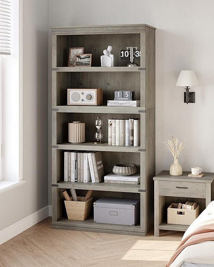 GAOMON 5 Tier Bookcase, Farmhouse Book shelf with Storage Open Display Bookshelves, 67.4" Tall Book Case Wooden 5 Shelf Bookcase Home Decor Furniture for Home Office, Living Room, Bed Room - Grey - LeafyLoom