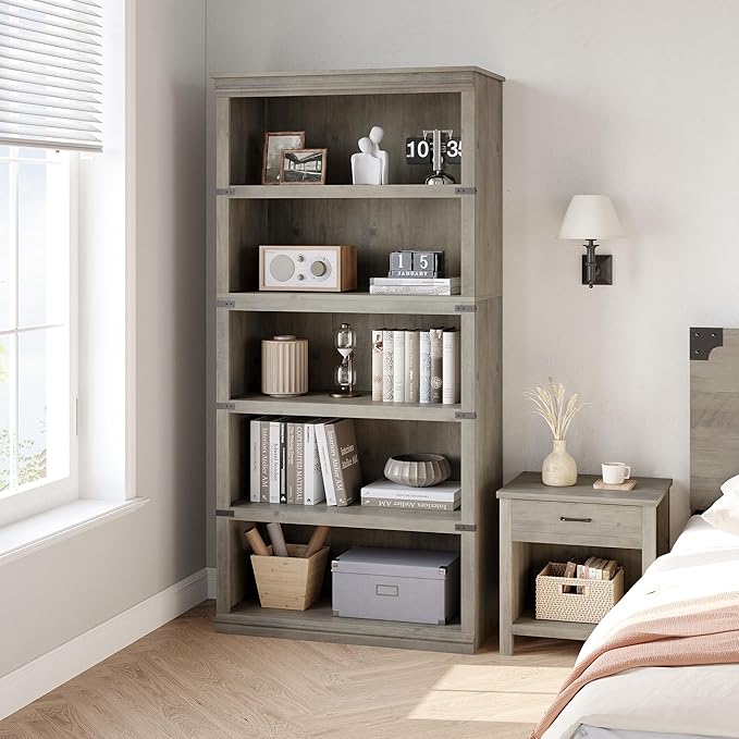 GAOMON 5 Tier Bookcase, Farmhouse Book shelf with Storage Open Display Bookshelves, 67.4" Tall Book Case Wooden 5 Shelf Bookcase Home Decor Furniture for Home Office, Living Room, Bed Room - Grey - LeafyLoom