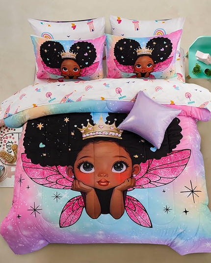A Nice Night Black Girl Princess with Wings Comforter Set,Pink Gradient Glitter Rainbow Galaxy 6pcs Kids Bedding Set,Full - LeafyLoom