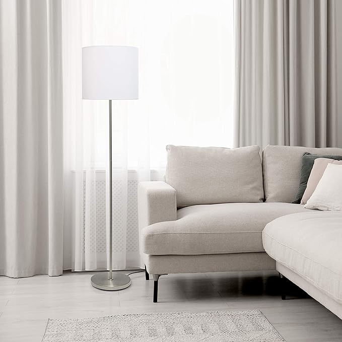 Simple Designs LF2004-WHT-LB 57" Traditional Brushed Nickel Stick Floor Lamp with White Shade for Living Room, Hallway, Entryway, Bedroom, Office, with Feit LED Bulb Included - LeafyLoom