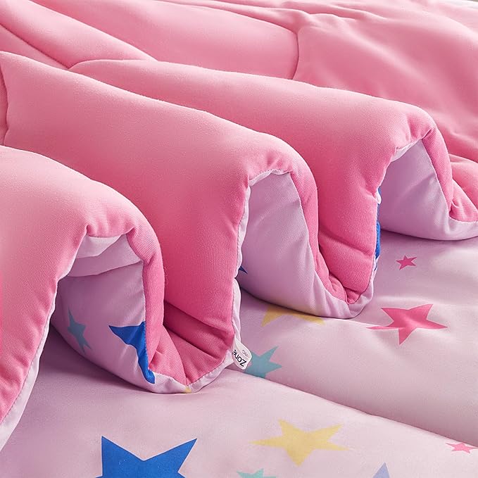 SLEEP ZONE Kids Comforter Set, Jersey Knit 3 Pieces Bedding Set for Girls, Soft, Breathable, Washable, Easy Care (Colorful Stars, Full/Queen) - LeafyLoom