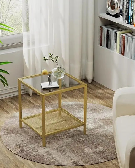 SAYGOER Glass Side Table Small Gold End Table for Small Spaces 2-Tier Square Night Stand with Storage Modern Bed Side Table with Gold Frame for Bedroom Living Room, Easy Assembly - LeafyLoom
