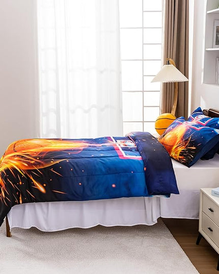 Btargot Basketball Fire Court Comforter Sets Twin for Boys Teens,3D Sports Bedding,Soft Microfiber Reversible Quilt with 2 Matching Pillow Shams - LeafyLoom