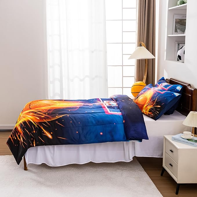 Btargot Basketball Fire Court Comforter Sets Twin for Boys Teens,3D Sports Bedding,Soft Microfiber Reversible Quilt with 2 Matching Pillow Shams - LeafyLoom